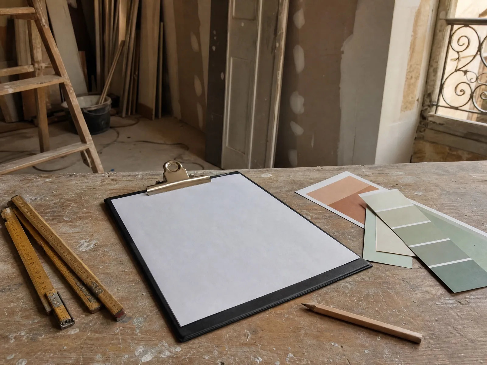Porte-bloc avec une feuille vierge sur un établi, mètre pliant et crayon de charpentier