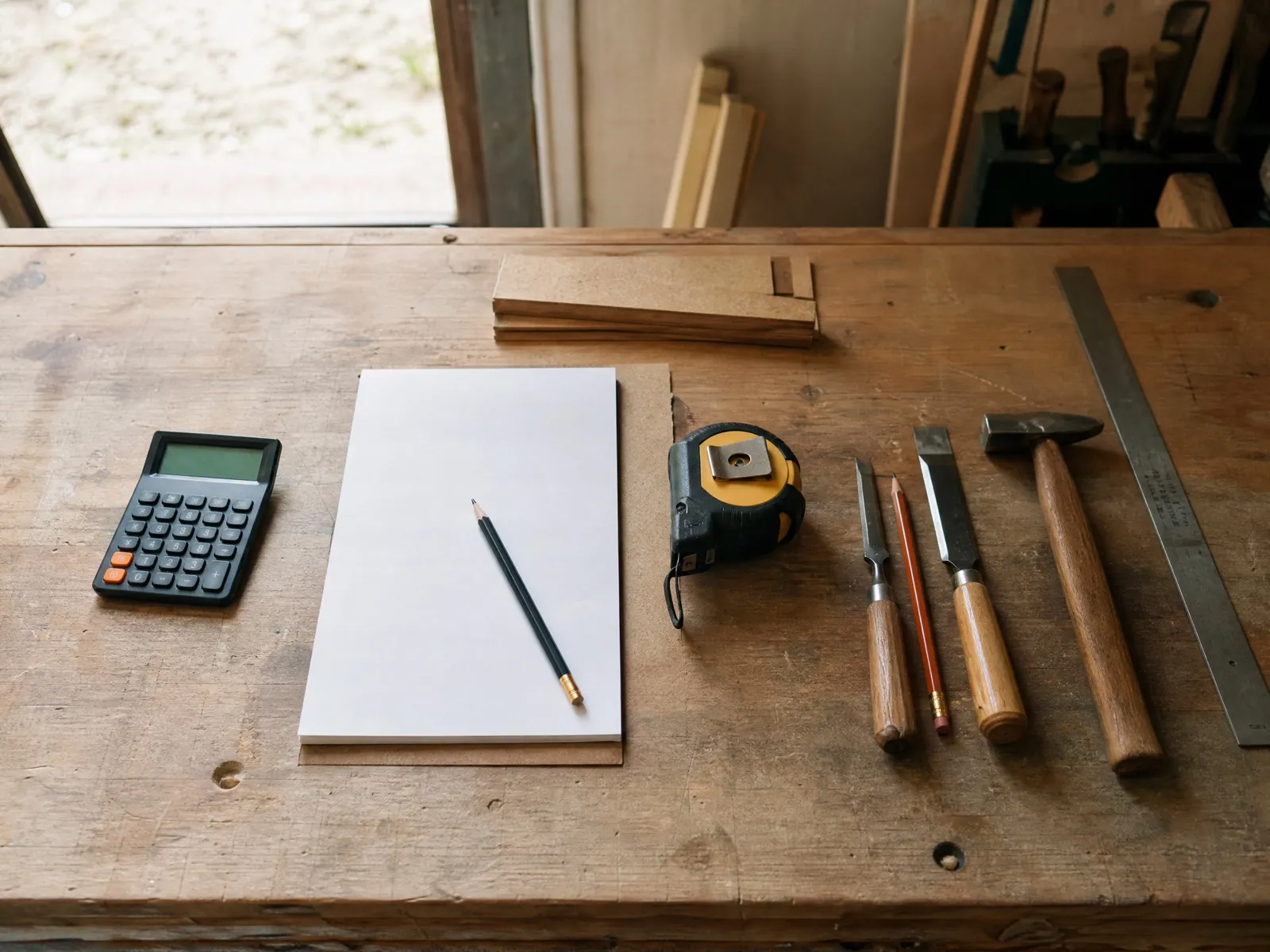 Établi vu de dessus : calculatrice, carnet, crayon, mètre et outils rangés