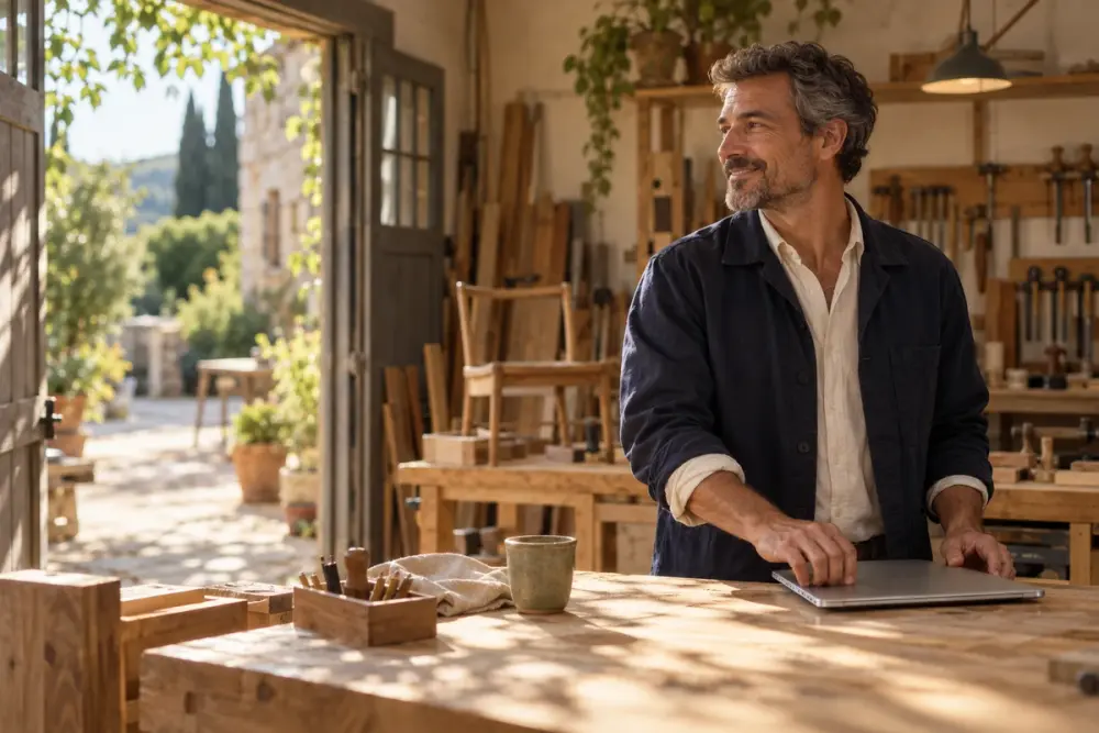 Un menuisier dans son atelier, l'ordinateur fermé, le regard vers la cour