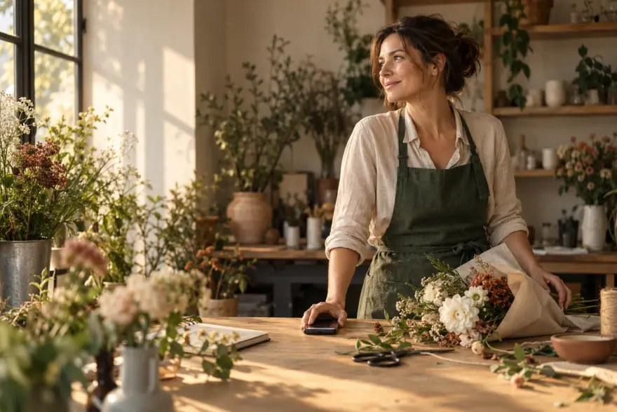 Une fleuriste dans sa boutique, le téléphone posé sur le comptoir