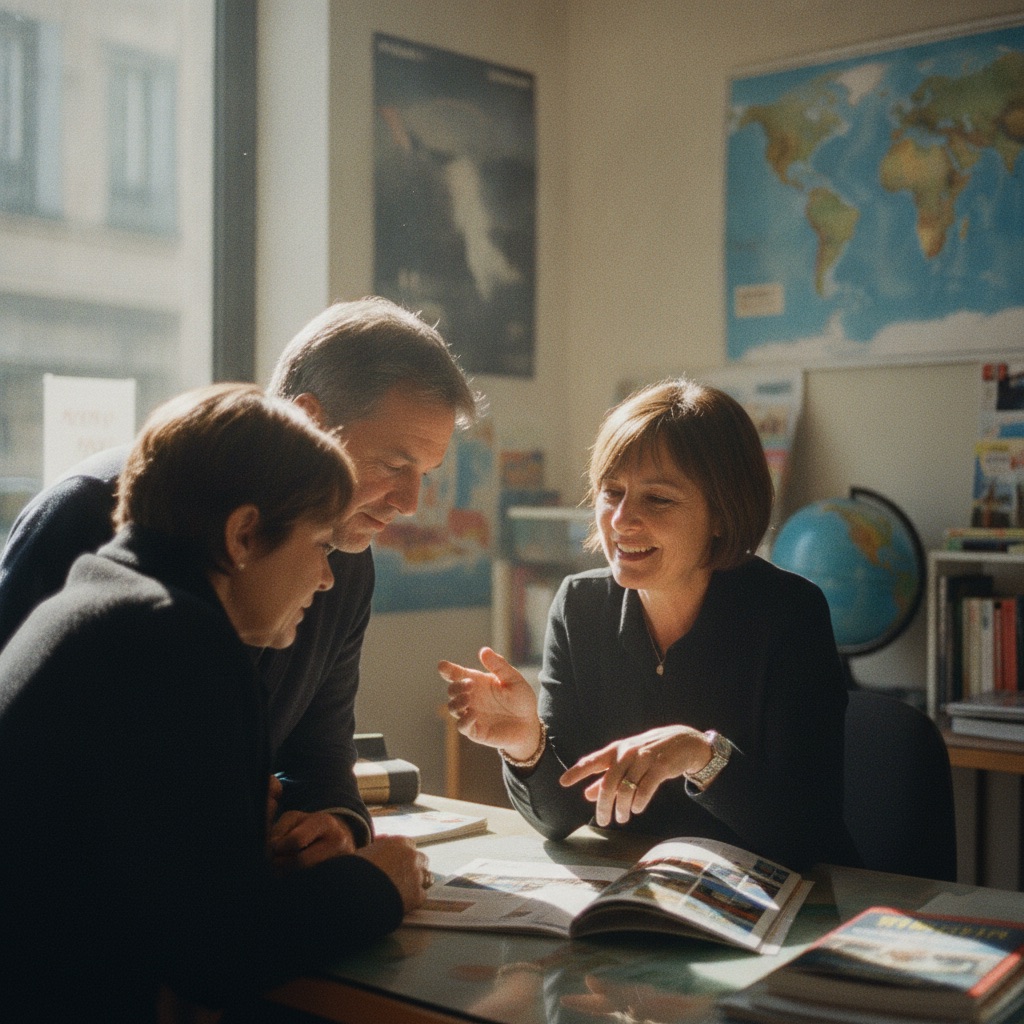 Agences de voyage au travail : Une conseillère en voyages montre une brochure à des clients dans son agence