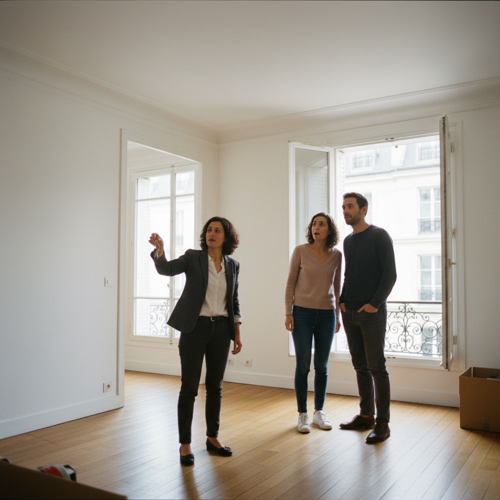 Agents immobiliers au travail : Un agent immobilier fait visiter un appartement lumineux à un couple, clés en main