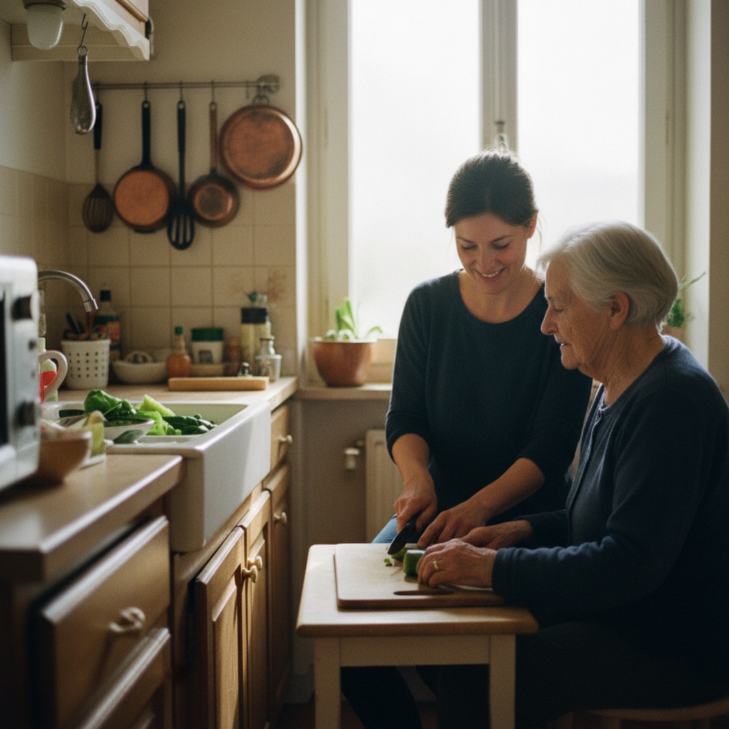 Aides à domicile au travail : Une aide à domicile aide une personne âgée à préparer le repas dans sa cuisine