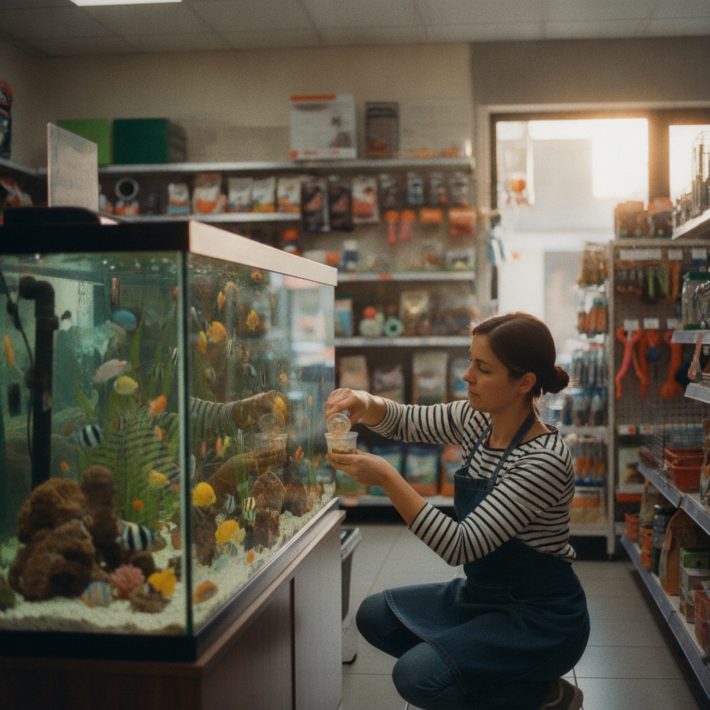 Animaleries au travail : Une vendeuse d'animalerie nourrit des poissons devant un grand aquarium, rayons d'accessoires