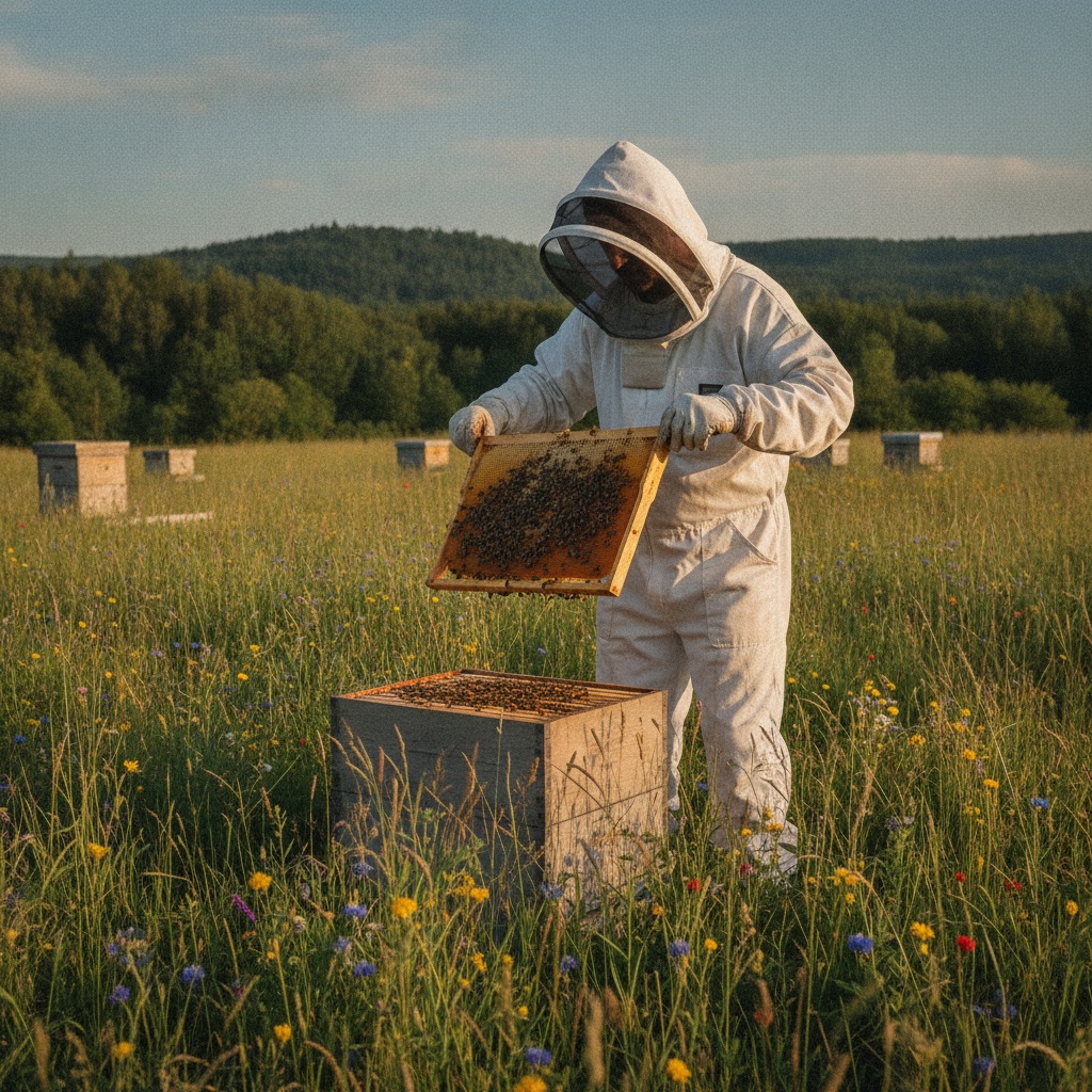Apiculteurs au travail : Un apiculteur en tenue de protection soulève un cadre d'abeilles d'une ruche dans un pré
