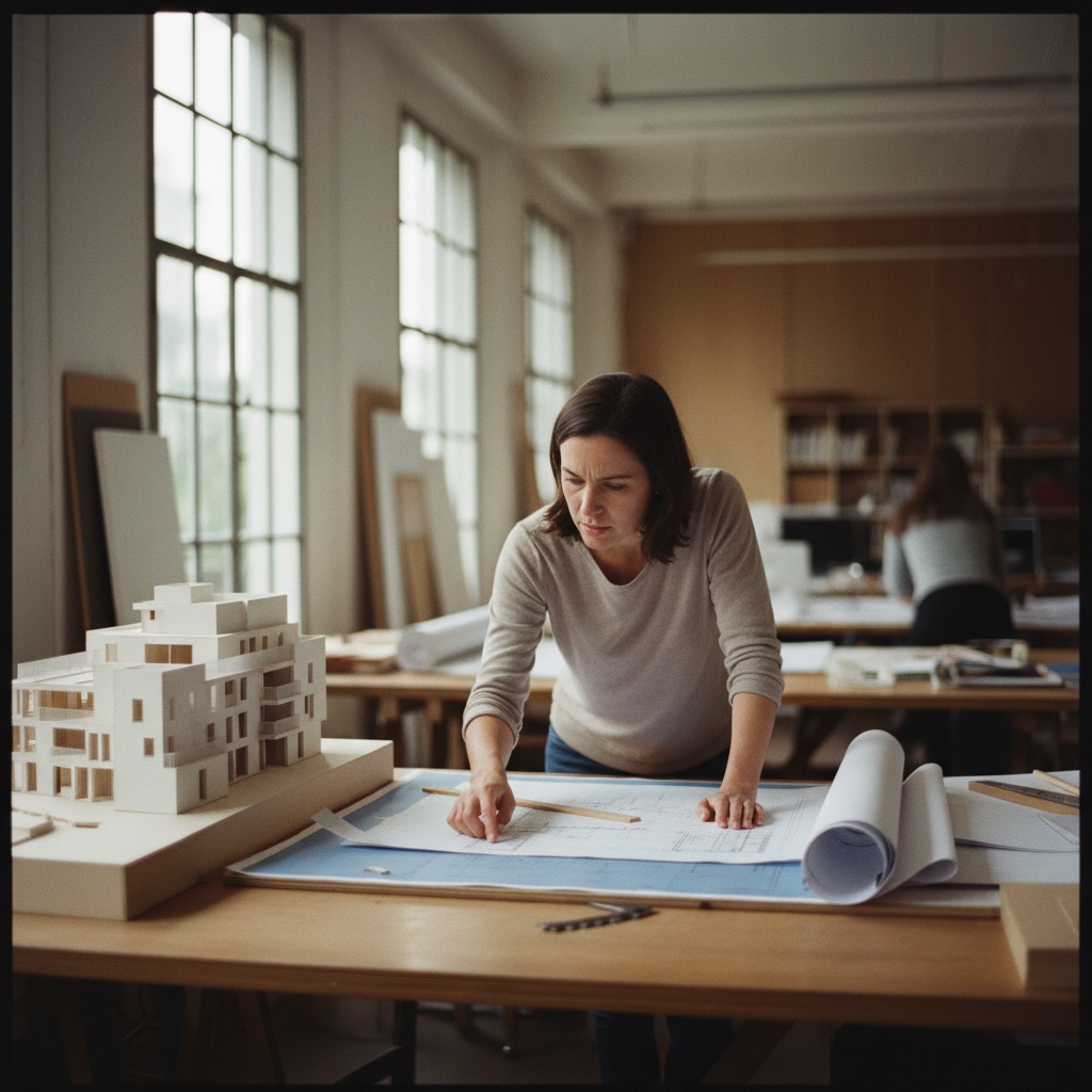 Architectes au travail : Une architecte examine des plans déroulés sur une grande table, maquette de bâtiment à côté