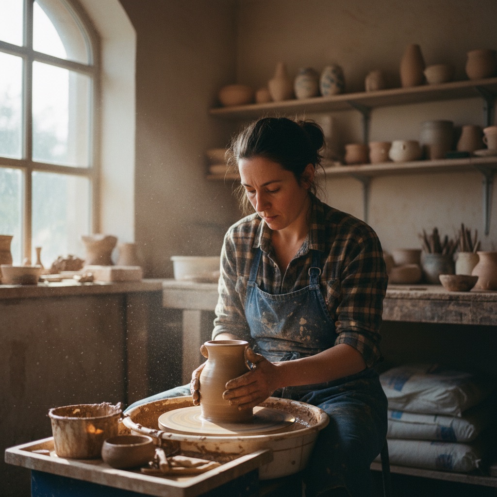 Artisans d'art au travail : Un artisan d'art façonne une pièce de céramique au tour dans son atelier