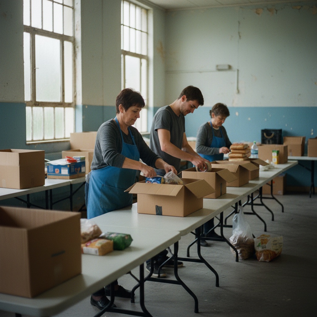Associations au travail : Des bénévoles d'association préparent des colis solidaires sur des tables dans un local