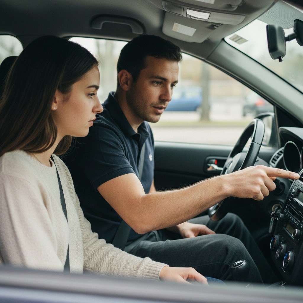 Auto-écoles au travail : Un moniteur d'auto-école explique le tableau de bord à une élève dans une voiture