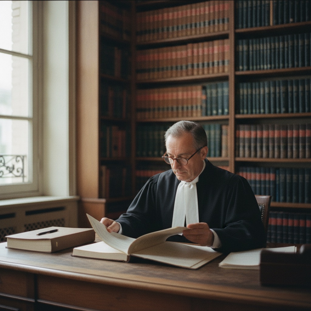 Avocats au travail : Un avocat en robe noire consulte un dossier dans son cabinet tapissé de livres de droit