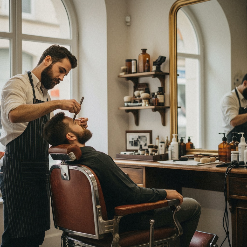 Barbiers au travail : Un barbier taille une barbe au rasoir dans un barbershop, miroir et fauteuil vintage
