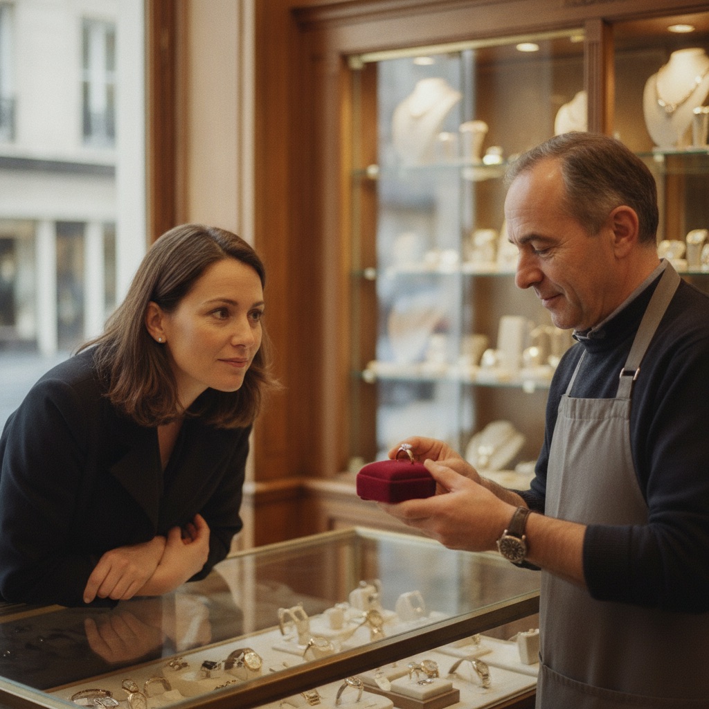 Bijouteries au travail : Un bijoutier présente une bague à une cliente sur un coussin de velours, vitrine scintillante