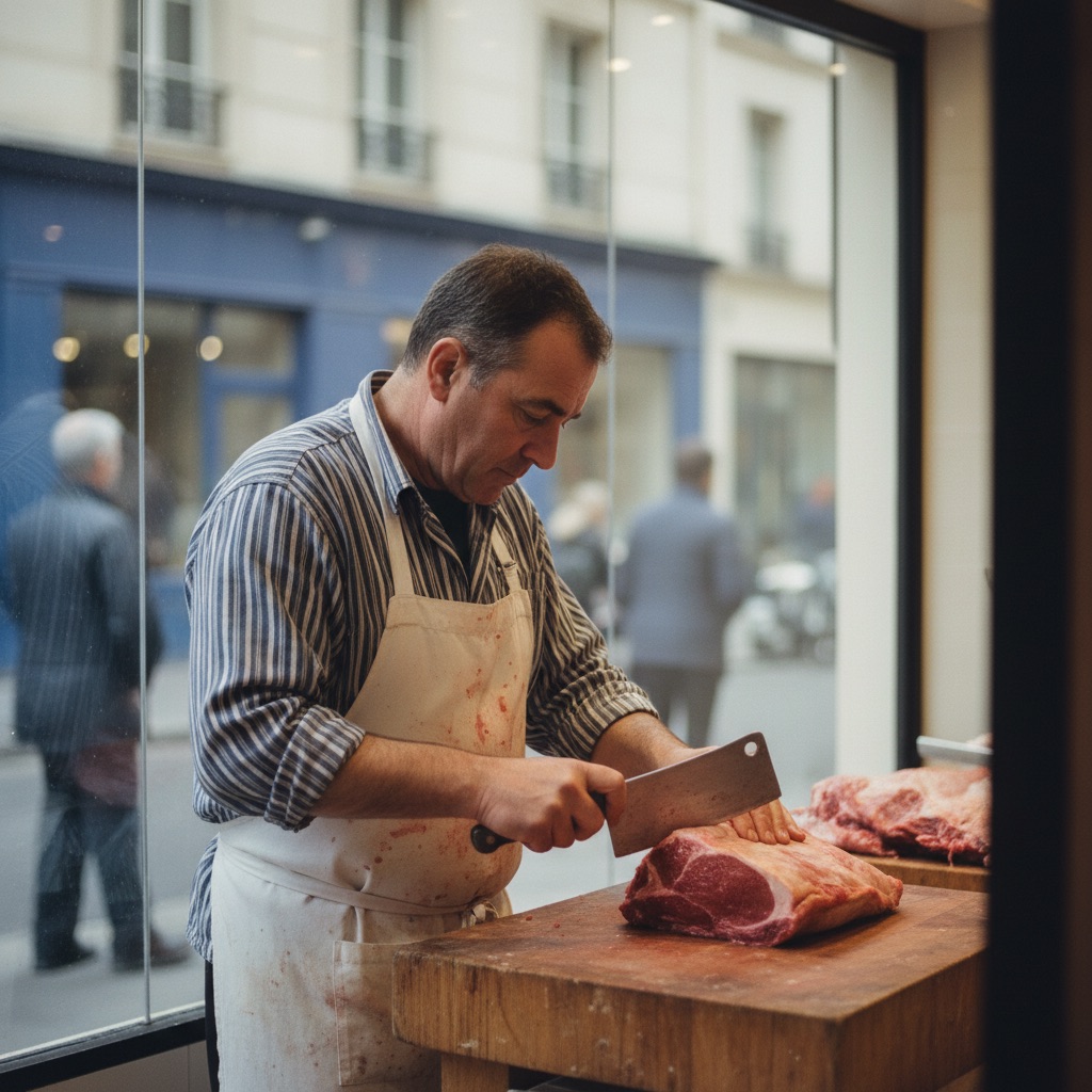 Boucheries au travail : Un boucher découpe une pièce de viande sur son billot derrière la vitrine
