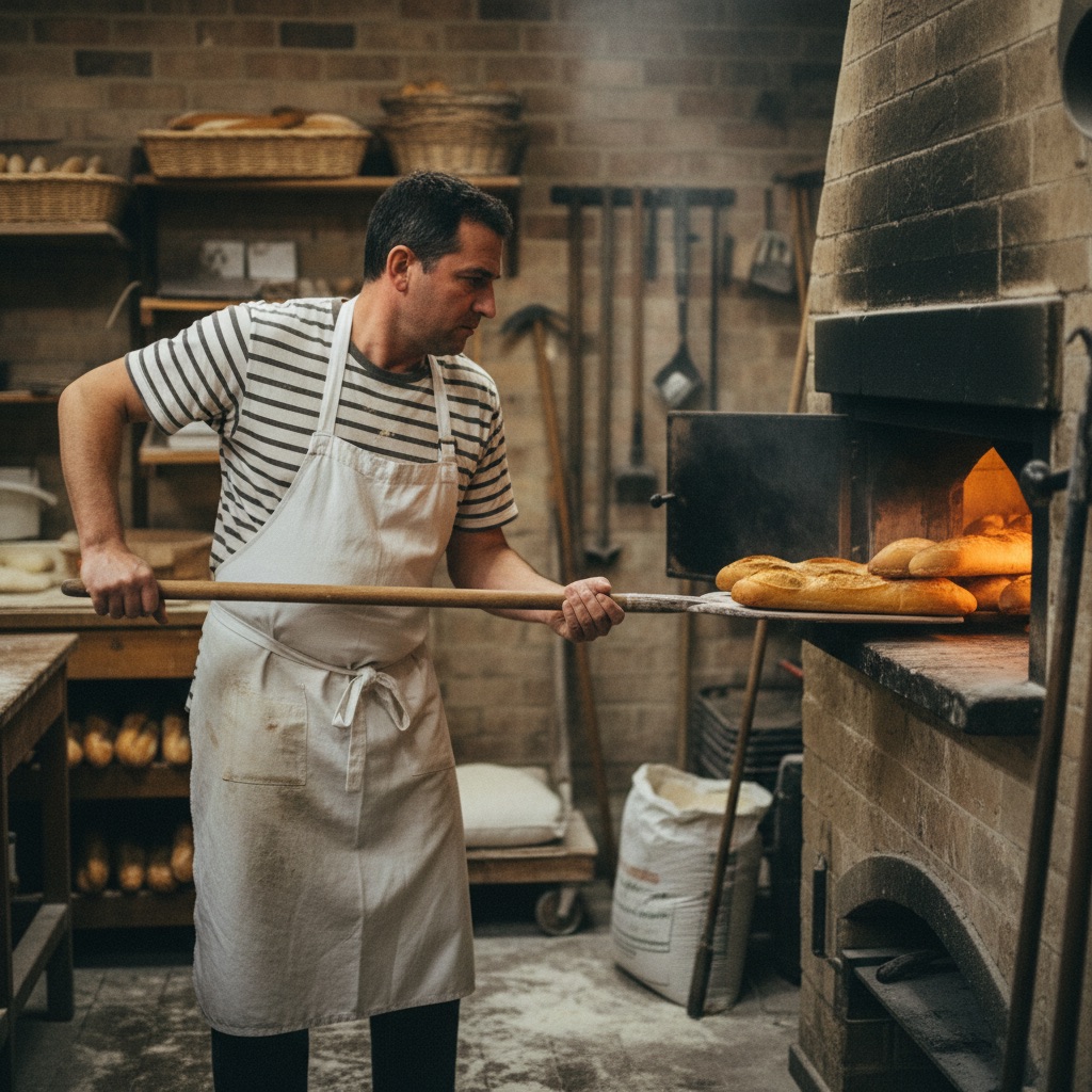 Boulangeries au travail : Un boulanger sort des baguettes dorées du four avec une pelle, dans son fournil
