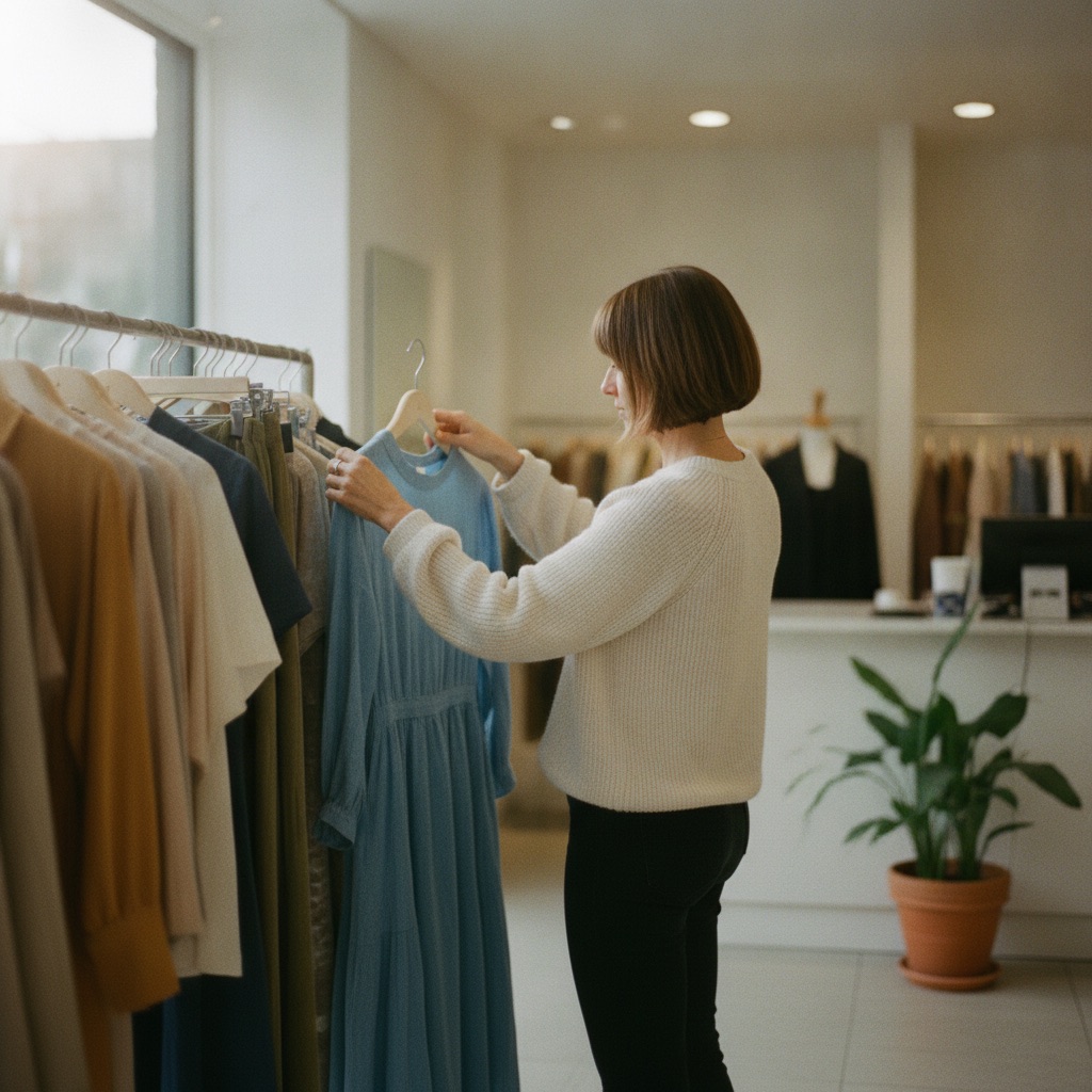 Boutiques de mode au travail : Une vendeuse arrange des vêtements sur un portant dans une boutique de mode lumineuse