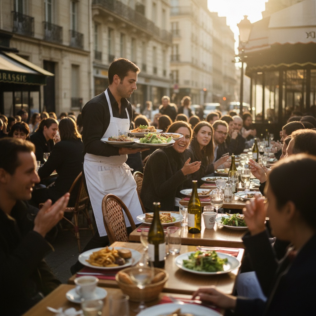 Brasseries au travail : Un serveur apporte des plats en terrasse d'une brasserie parisienne animée