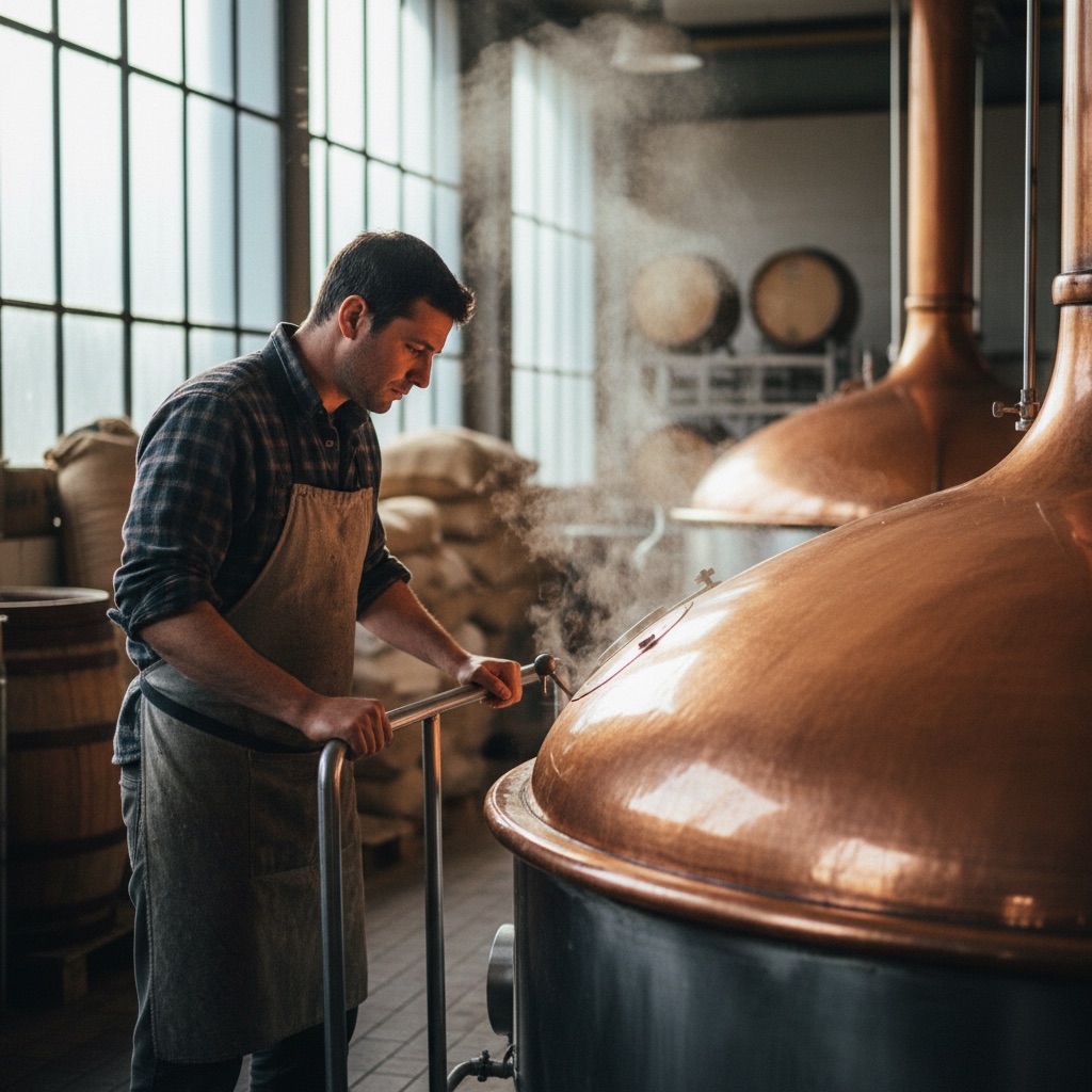 Brasseurs artisanaux au travail : Un brasseur artisanal surveille la cuve de brassage dans sa microbrasserie