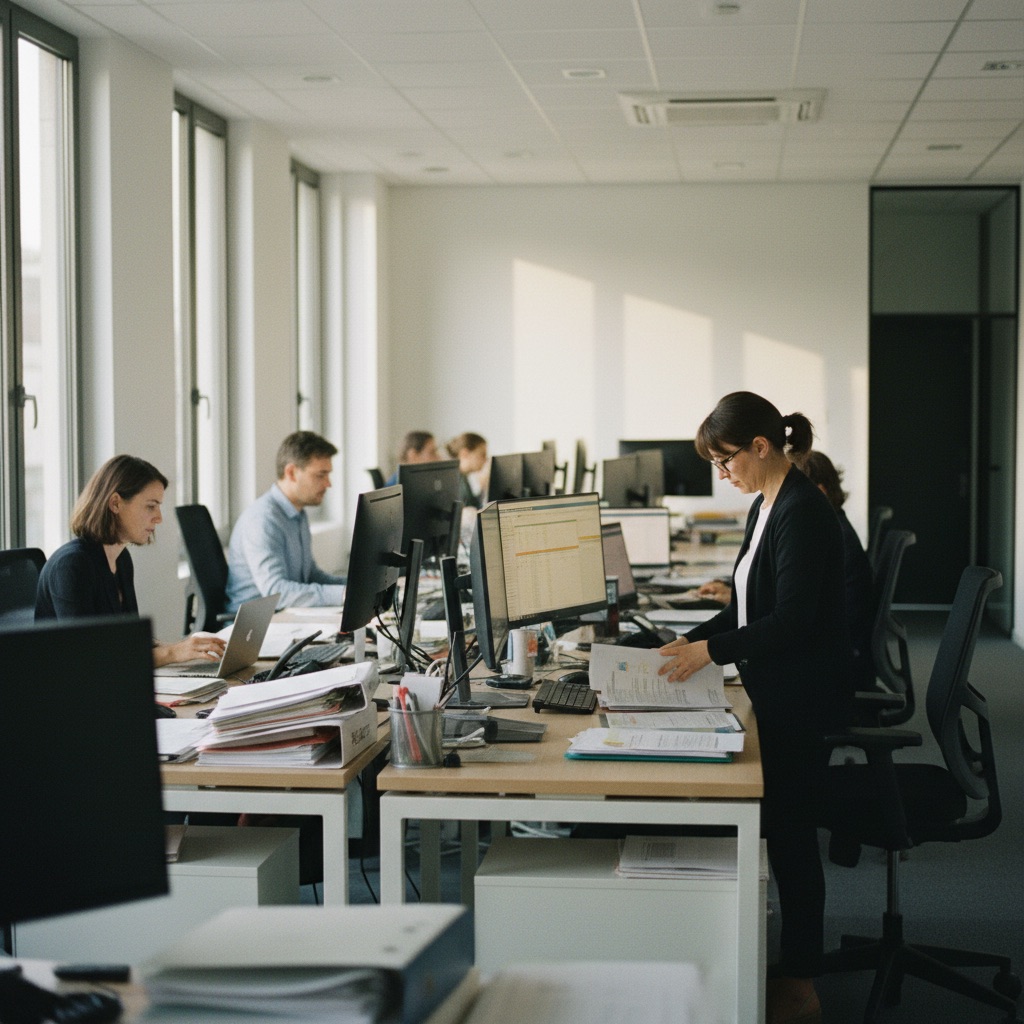 Cabinets comptables au travail : Une équipe de comptables travaille dans un cabinet moderne, dossiers et ordinateurs