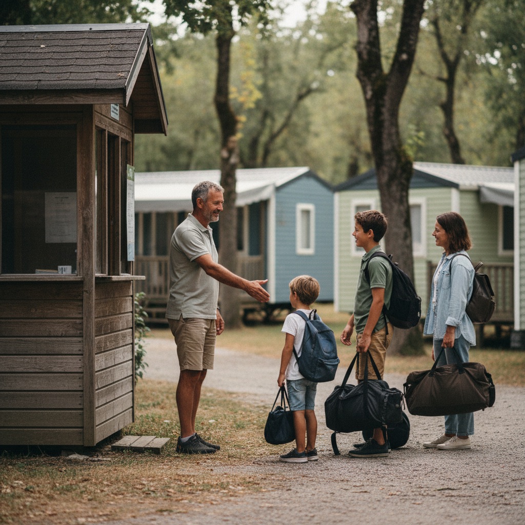 Campings au travail : Un gérant de camping accueille des campeurs à l'entrée, mobil-homes en fond