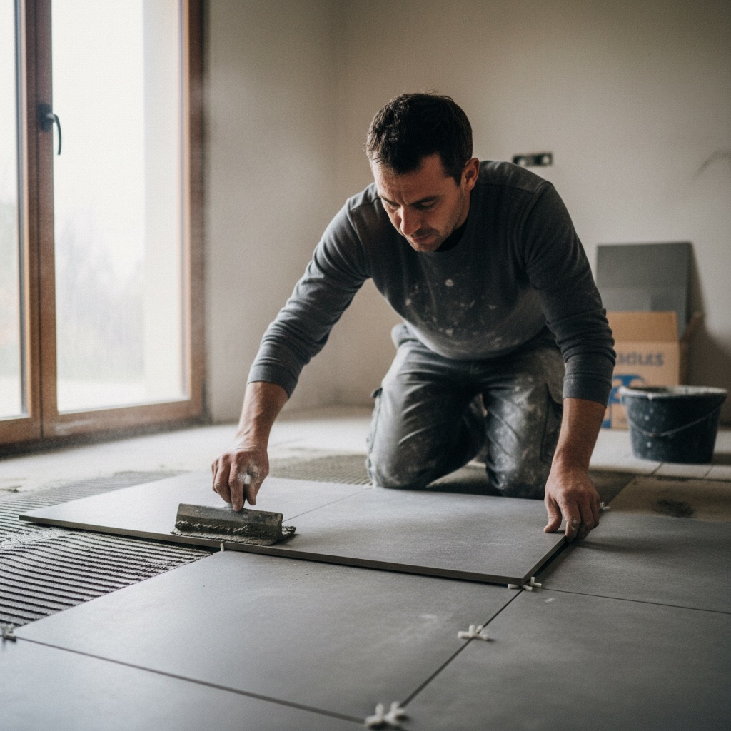 Carreleurs au travail : Un carreleur pose du carrelage au sol dans une salle de bain, spatule crantée et croisillons visibles