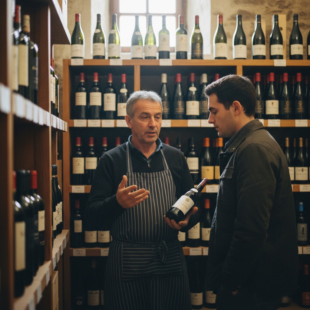 Cavistes au travail : Un caviste conseille un client devant un rayon de bouteilles de vin dans sa cave