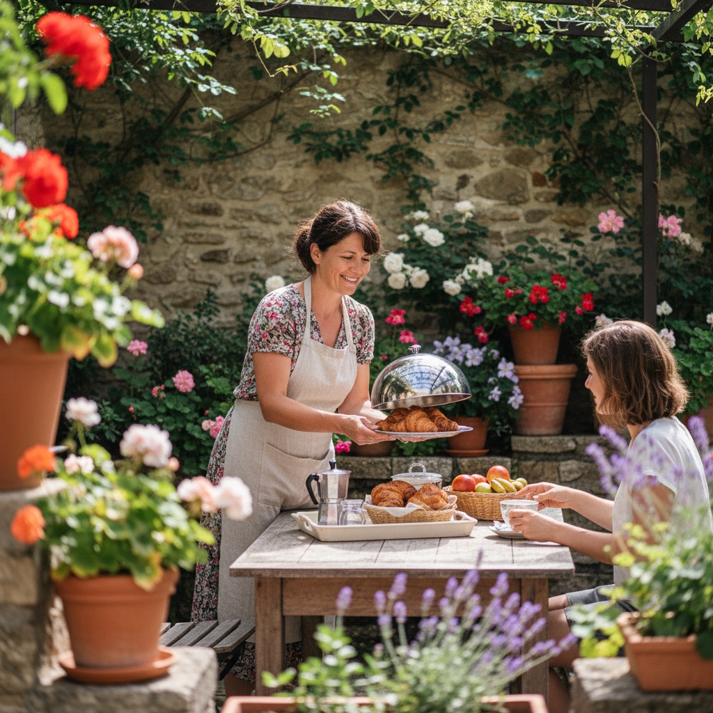 Chambres d'hôtes au travail : Une hôtesse sert le petit-déjeuner sur la terrasse d'une chambre d'hôtes fleurie