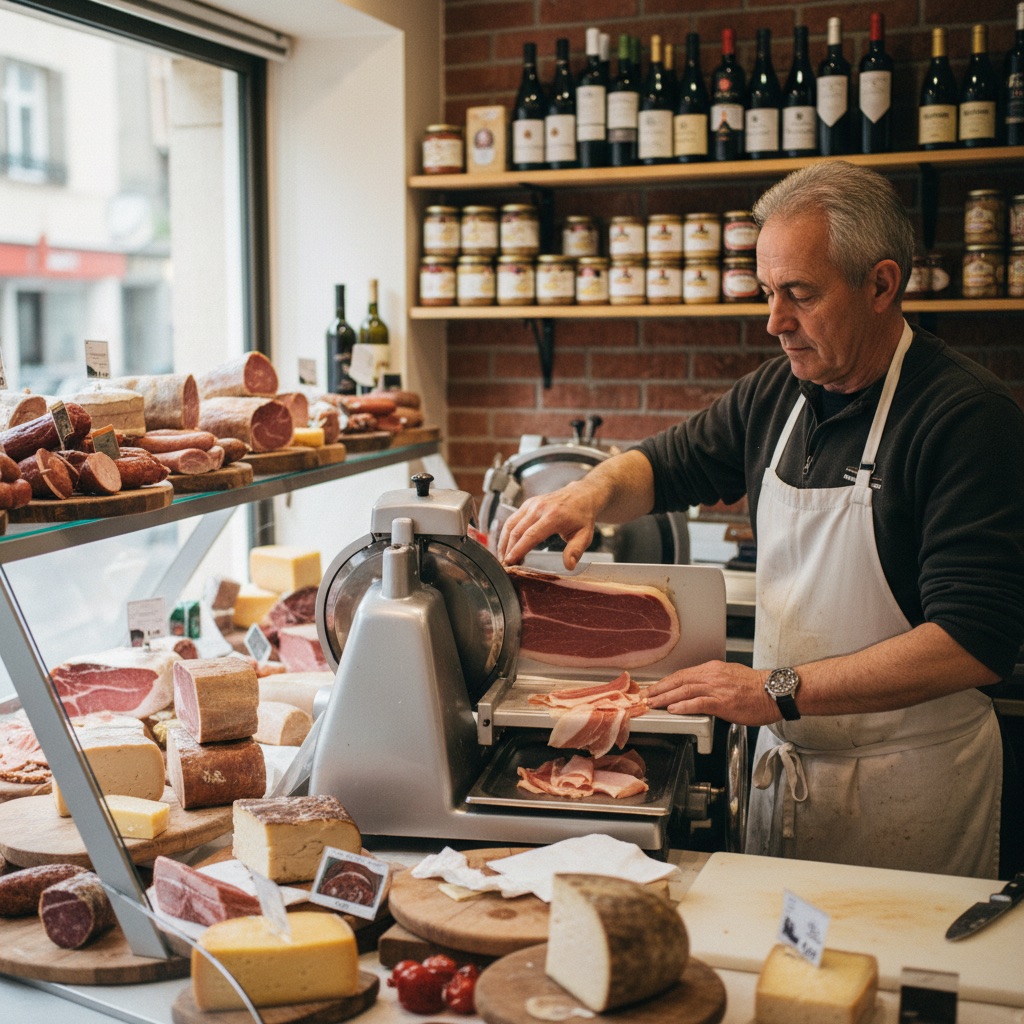Charcuteries au travail : Un charcutier tranche du jambon à la machine dans sa boutique, étal garni