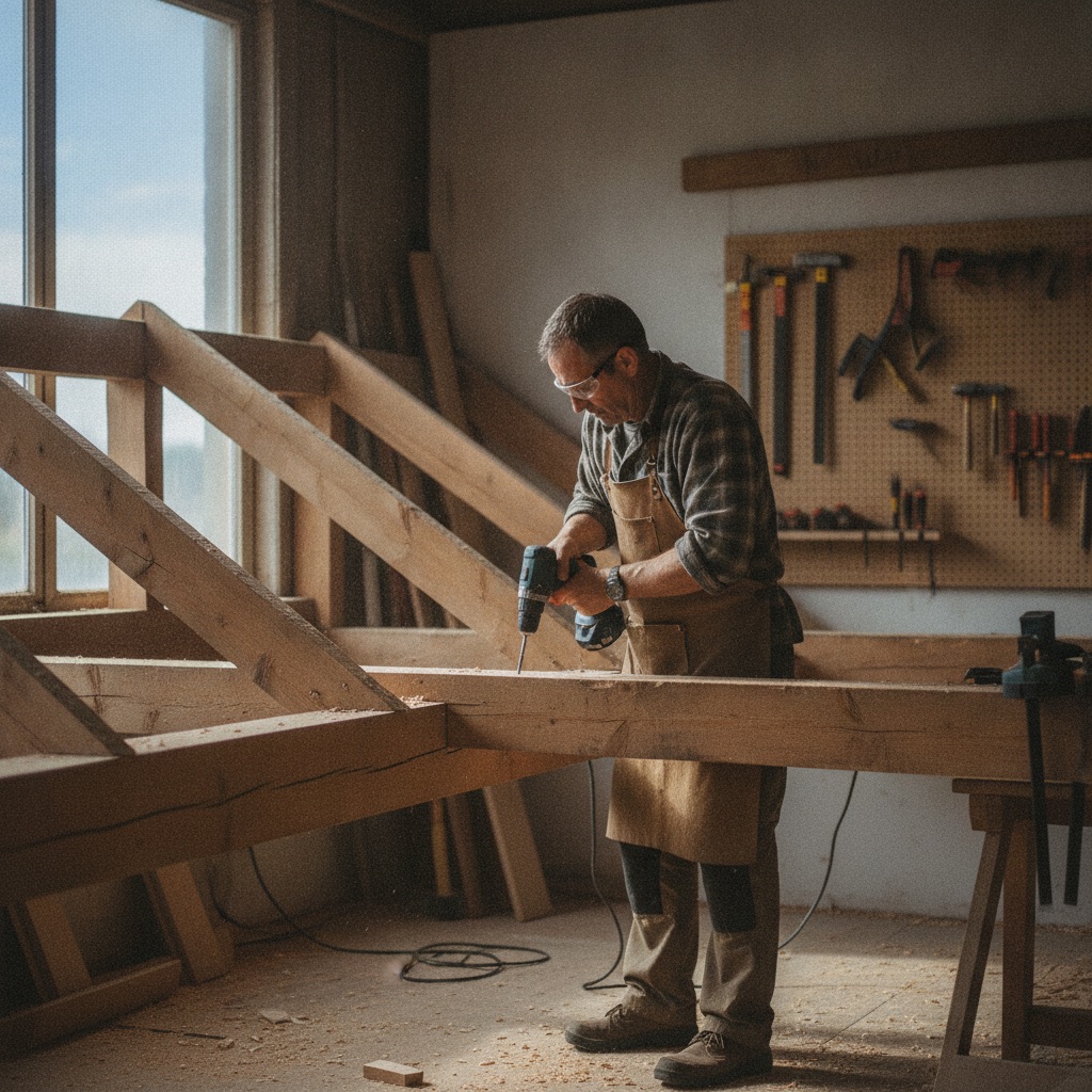 Charpentiers au travail : Un charpentier assemble une charpente en bois avec une visseuse, poutres et copeaux autour