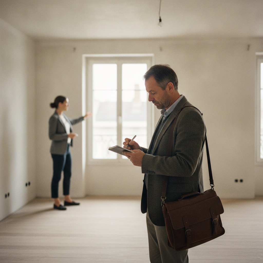 Chasseurs immobiliers au travail : Un chasseur immobilier prend des notes en visitant un bien avec un client