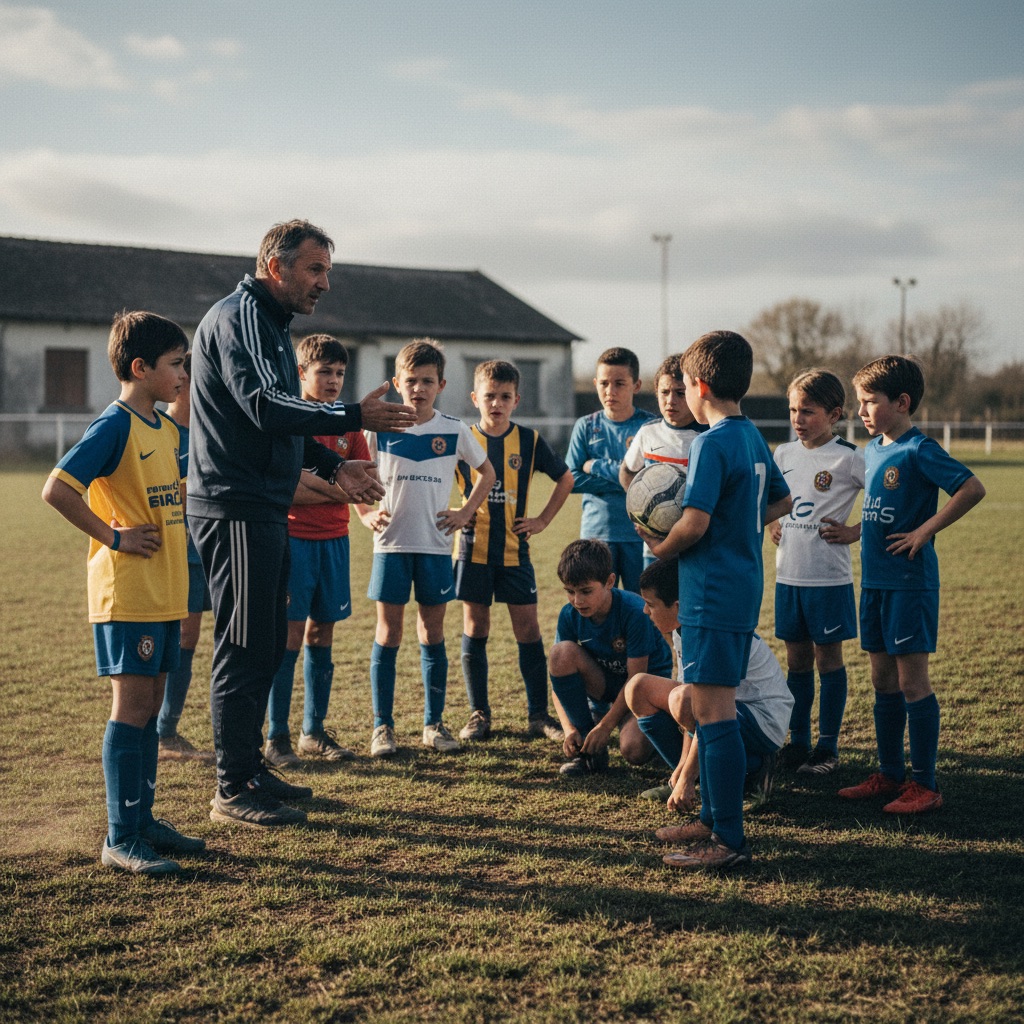 Clubs sportifs au travail : Un entraîneur de club sportif donne des consignes à de jeunes joueurs sur un terrain