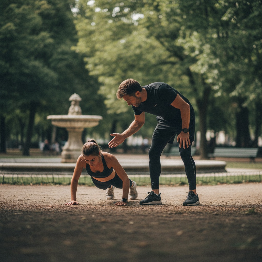 Coachs sportifs au travail : Un coach sportif encadre un client faisant des pompes en extérieur, dans un parc