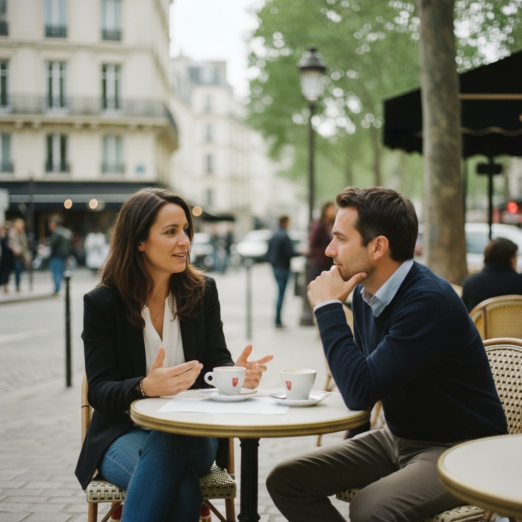 Coachs au travail : Un coach professionnel échange avec un client autour d'un café, ambiance détendue