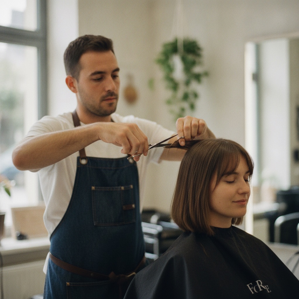 Coiffeurs au travail : Un coiffeur coupe les cheveux d'une cliente aux ciseaux dans un salon lumineux