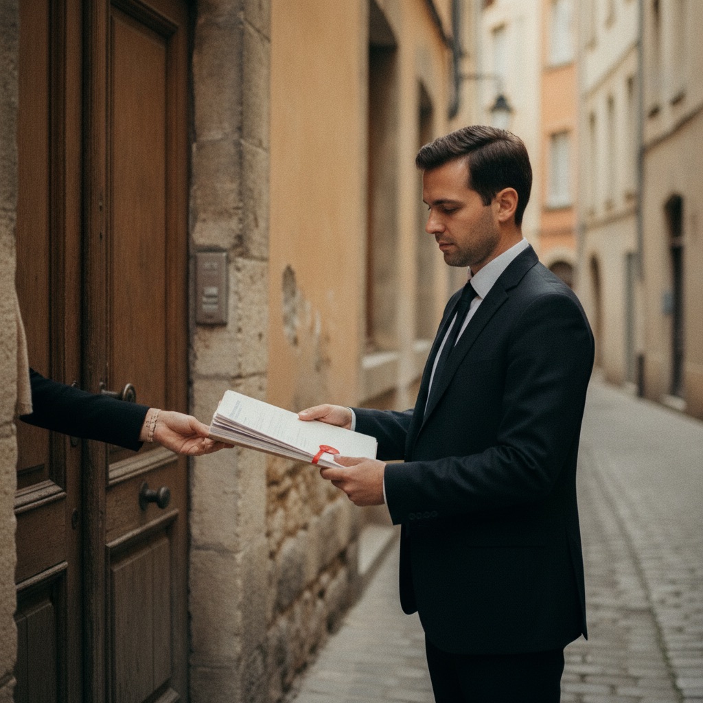 Commissaires de justice au travail : Un commissaire de justice en costume remet un document officiel devant une porte