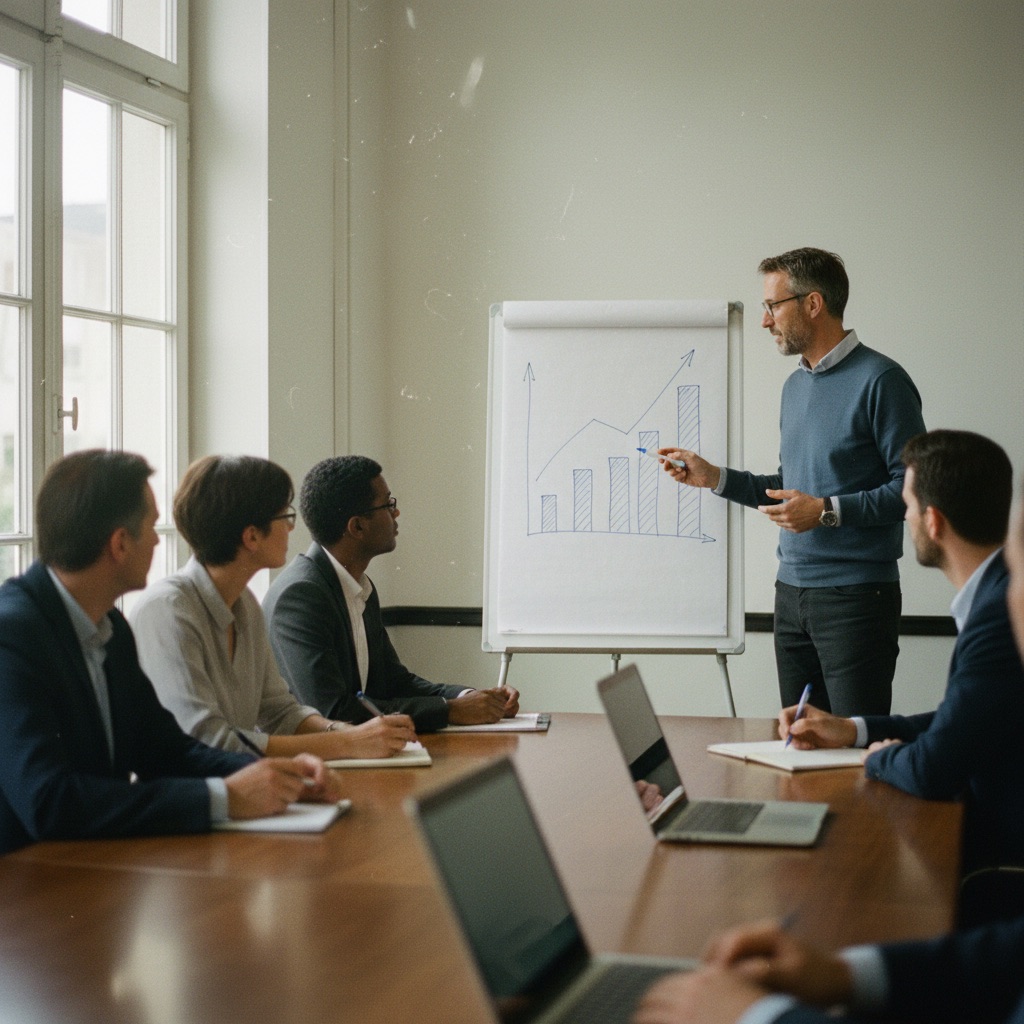 Consultants au travail : Un consultant présente un graphique sur un tableau blanc à une équipe en réunion