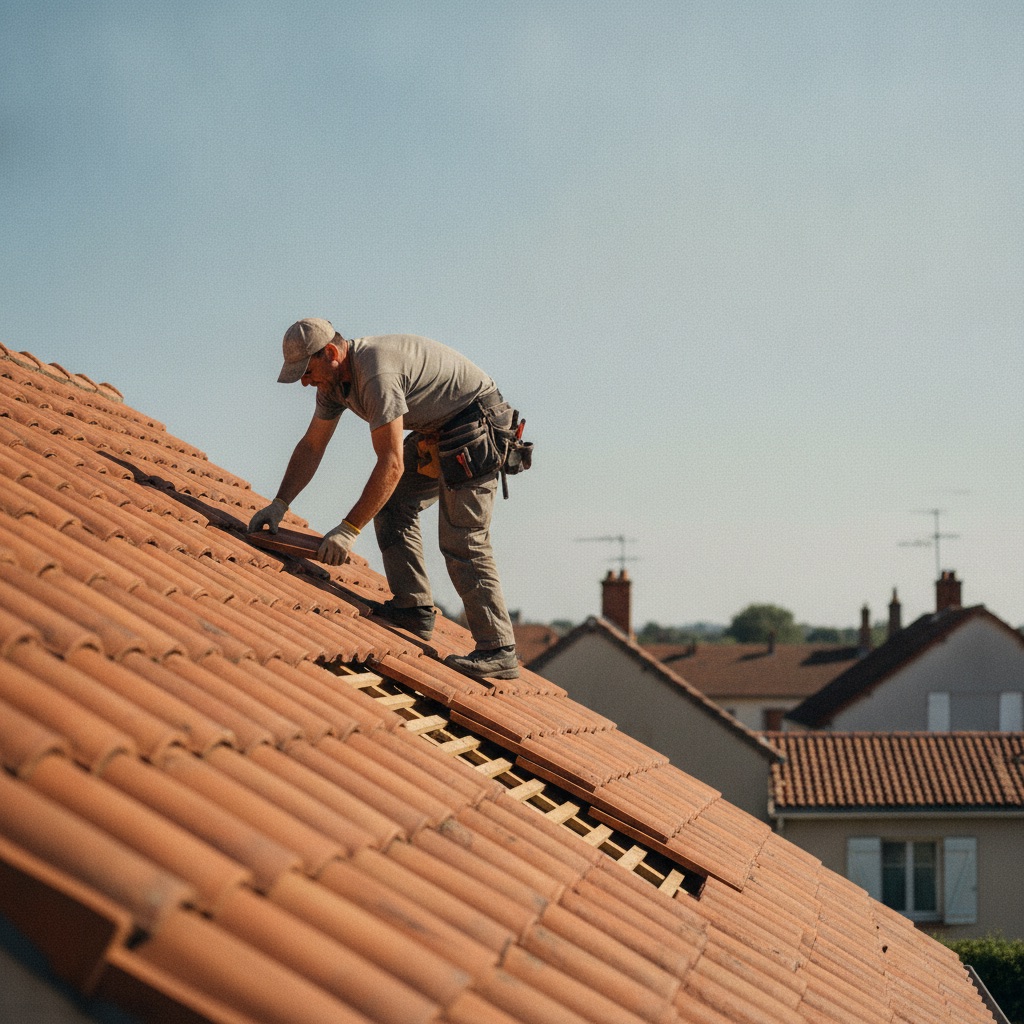 Couvreurs au travail : Un couvreur pose des tuiles en terre cuite sur un toit en pente, ciel dégagé en fond