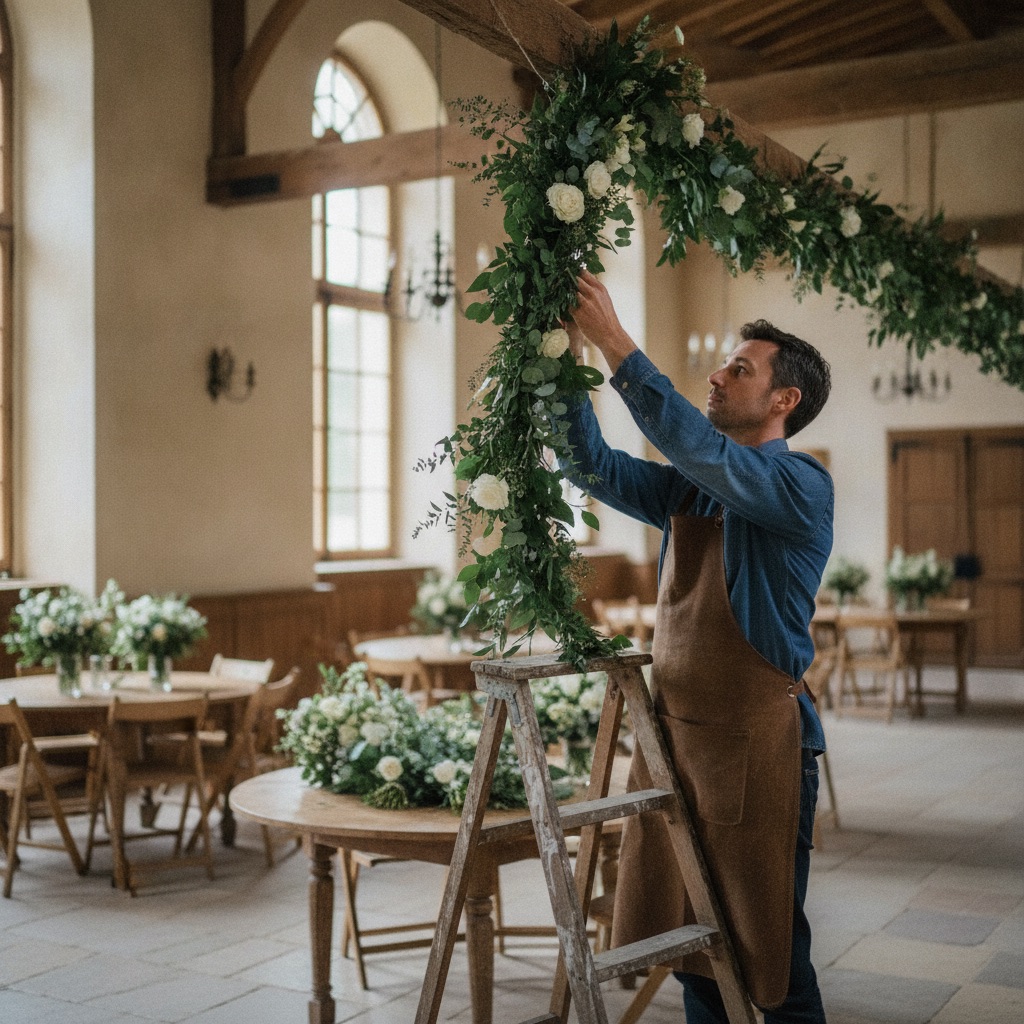 Décorateurs événementiels au travail : Un décorateur installe des compositions florales et des guirlandes pour une réception