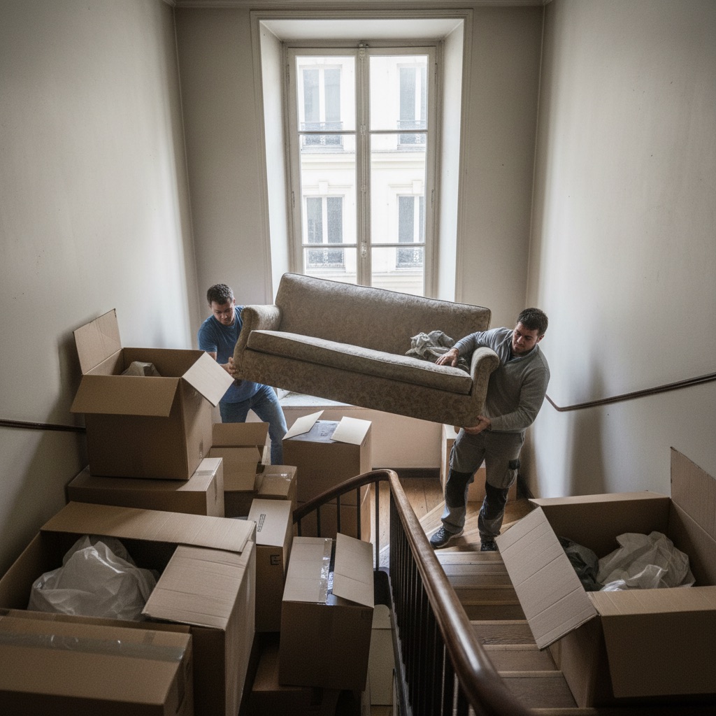 Déménageurs au travail : Deux déménageurs portent un canapé dans un escalier, cartons empilés
