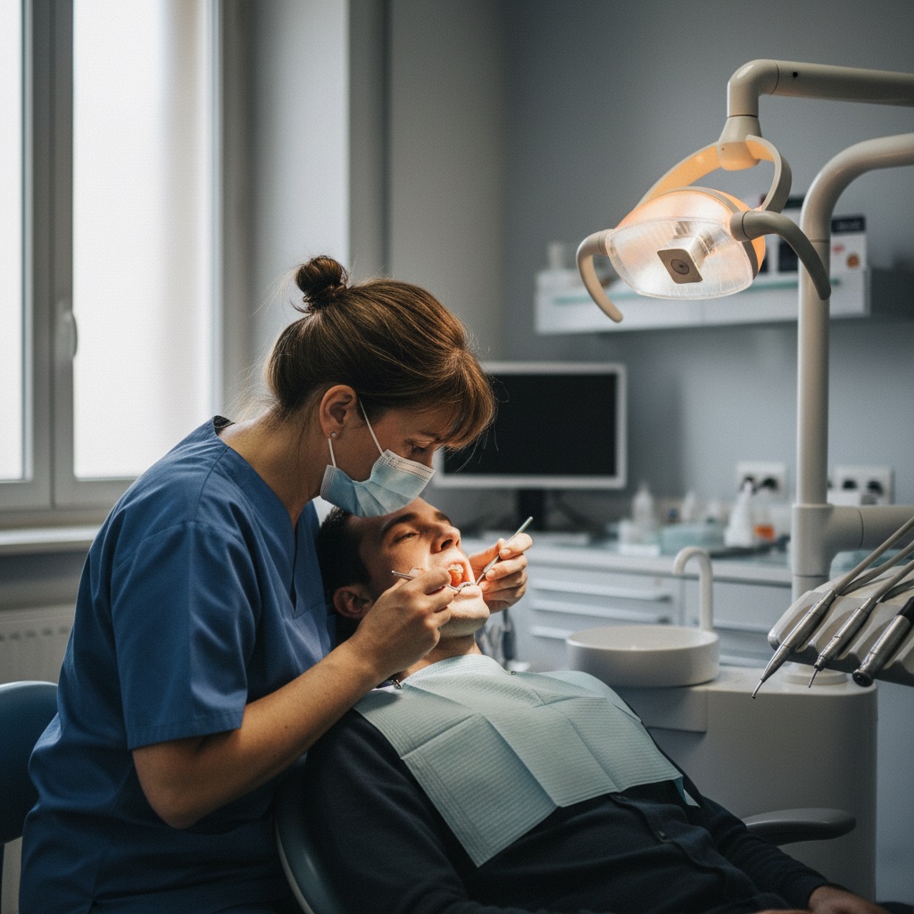 Dentistes au travail : Un dentiste examine les dents d'un patient au fauteuil, lampe et miroir dentaire