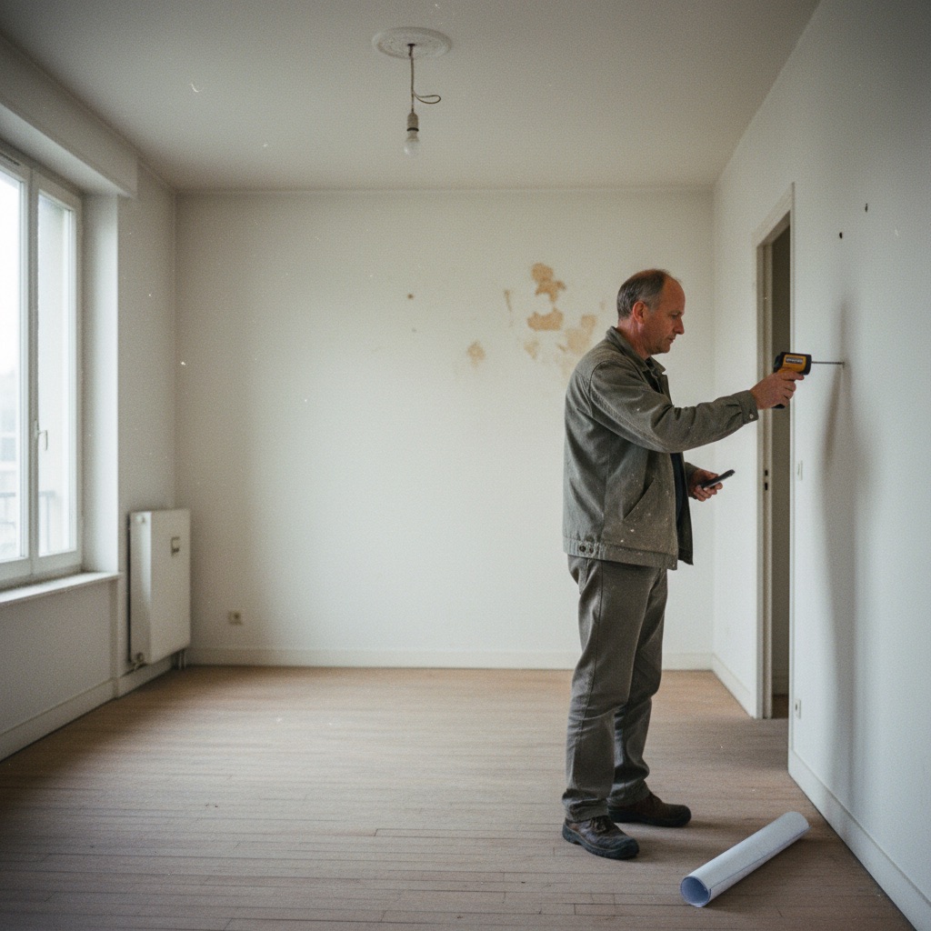 Diagnostiqueurs immobiliers au travail : Un diagnostiqueur immobilier prend des mesures avec un appareil dans un appartement vide