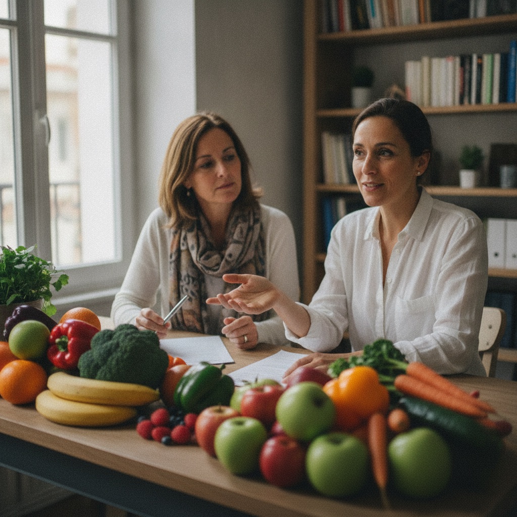 Diététiciens au travail : Une diététicienne explique un plan alimentaire à une cliente, fruits et légumes frais sur le bureau