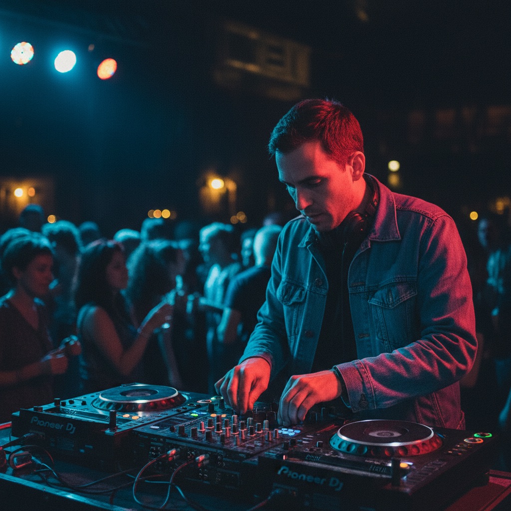 DJ au travail : Un DJ mixe derrière ses platines dans une soirée, lumières colorées