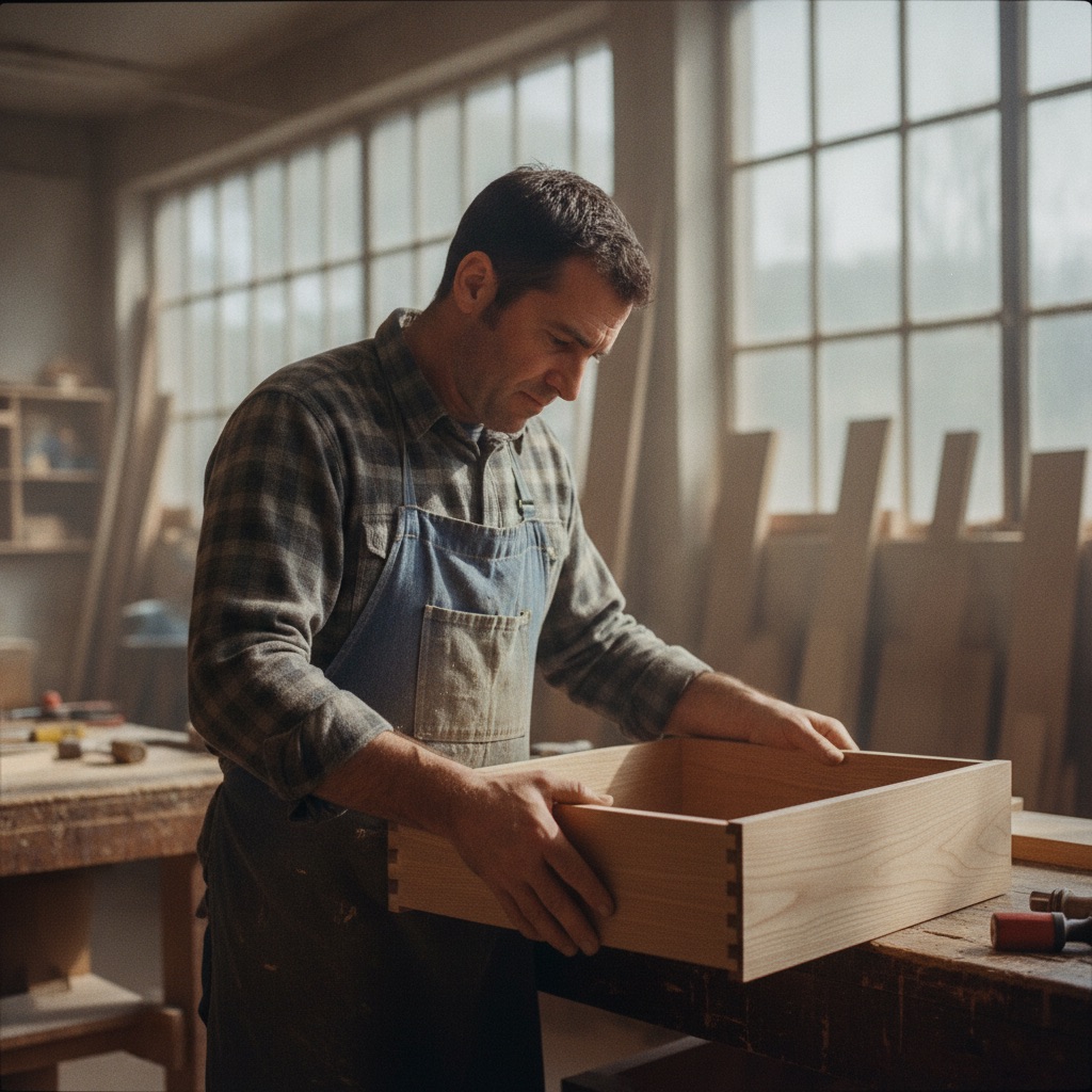 Ébénistes au travail : Un ébéniste ajuste un tiroir en bois massif à la main dans un atelier baigné de lumière