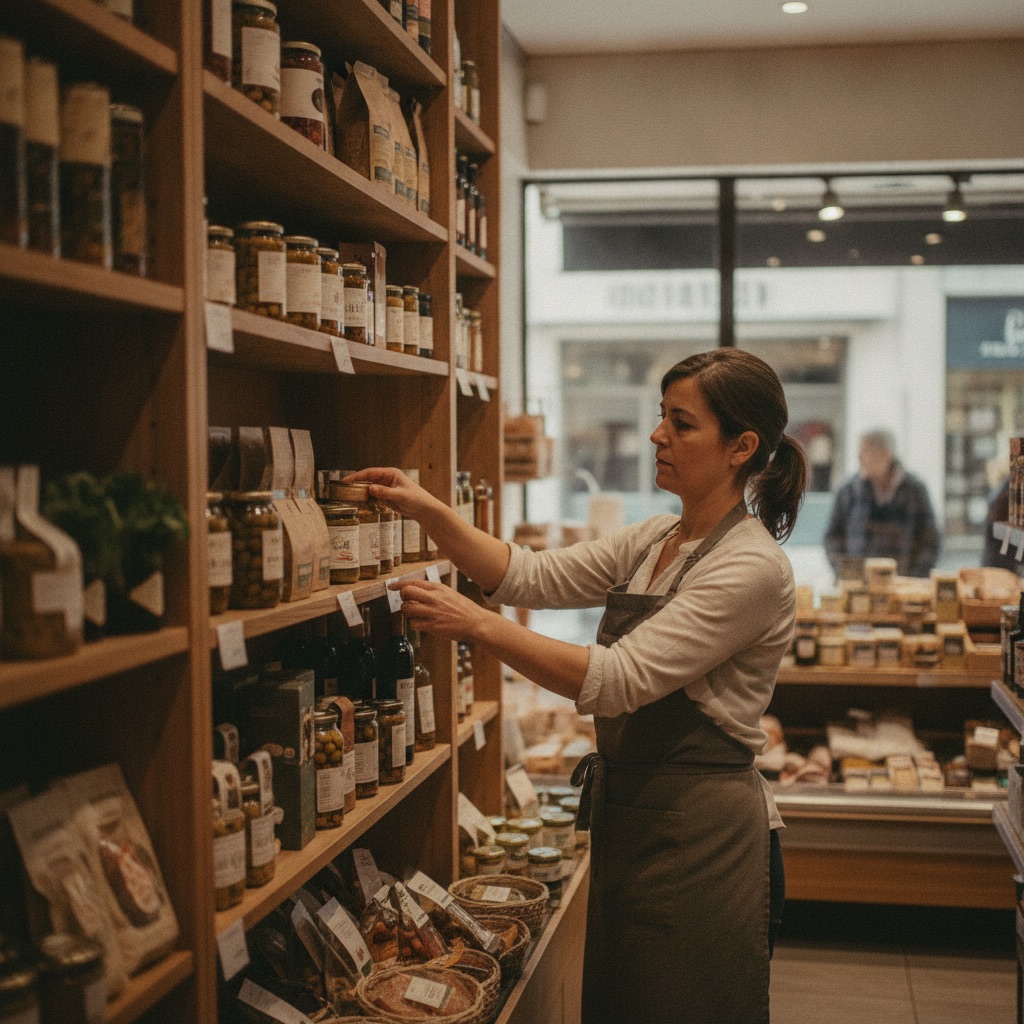 Épiceries fines au travail : Une commerçante arrange des produits fins sur les étagères d'une épicerie de quartier