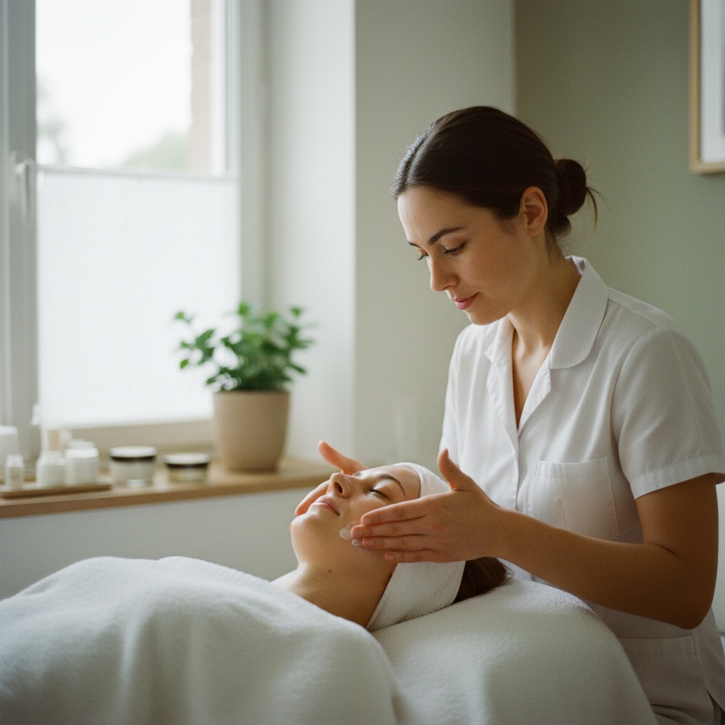 Esthéticiennes au travail : Une esthéticienne réalise un soin du visage sur une cliente allongée en institut, ambiance douce