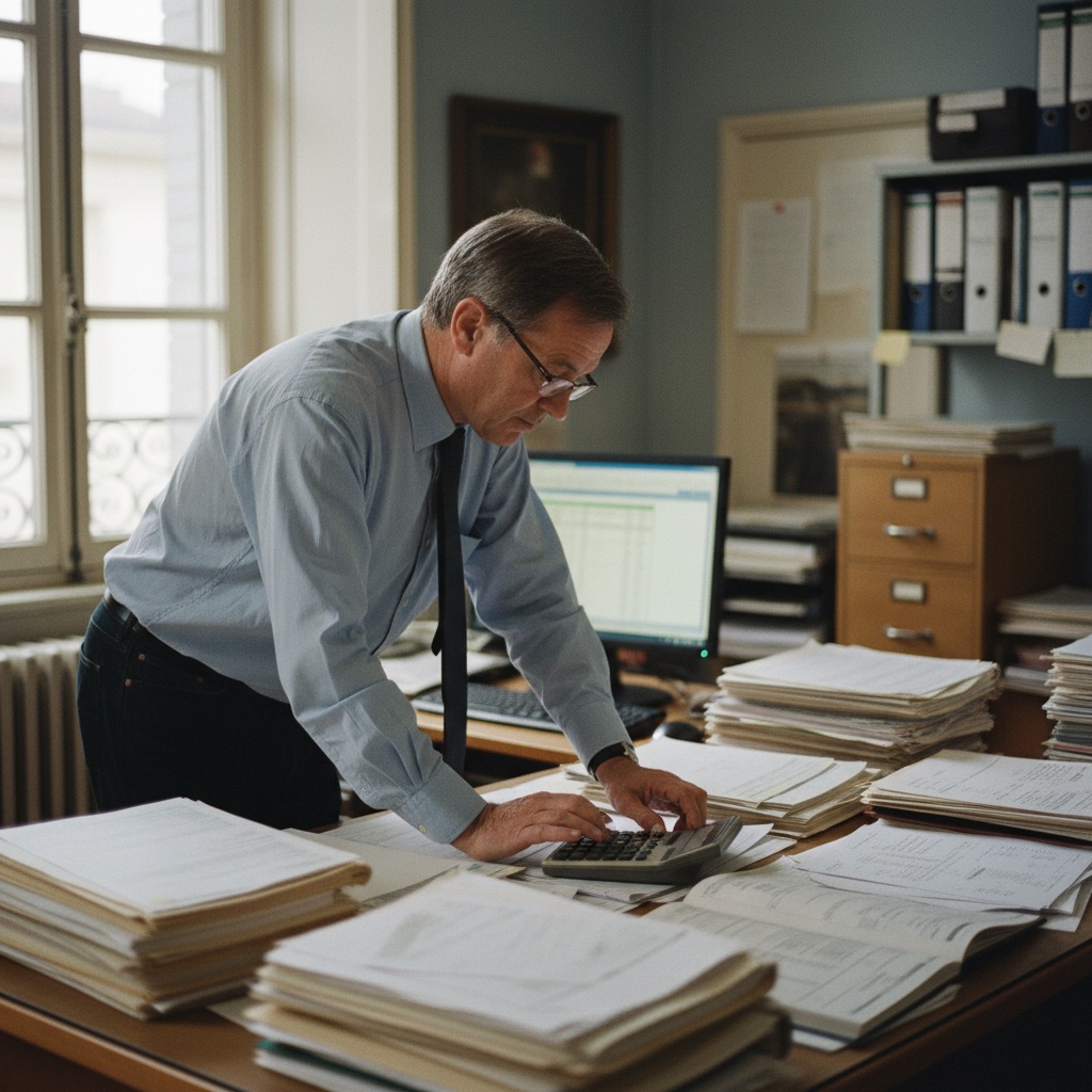 Experts-comptables au travail : Un expert-comptable analyse des documents financiers à son bureau, écran et calculatrice