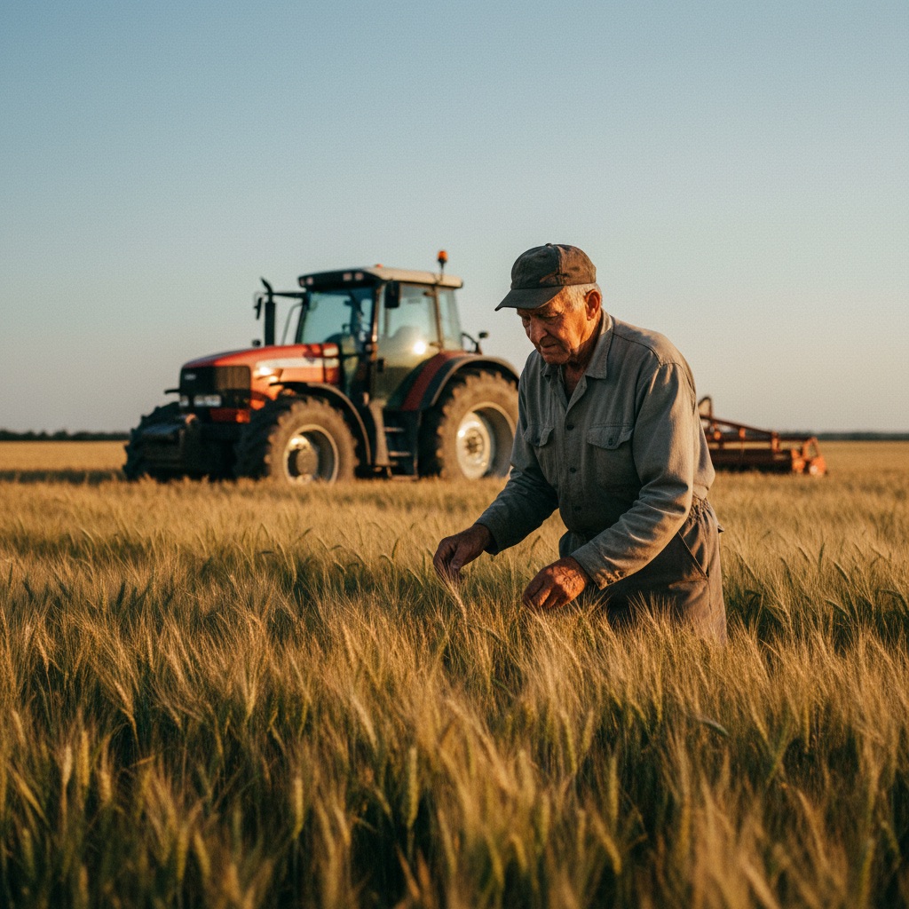 Exploitants agricoles au travail : Un agriculteur inspecte son champ de blé au coucher du soleil, tracteur en fond