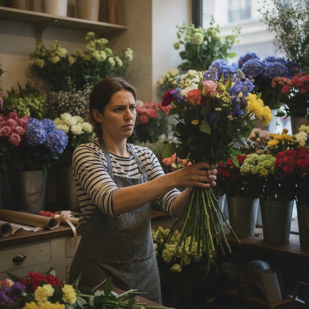 Fleuristes au travail : Une fleuriste compose un bouquet coloré dans sa boutique remplie de fleurs