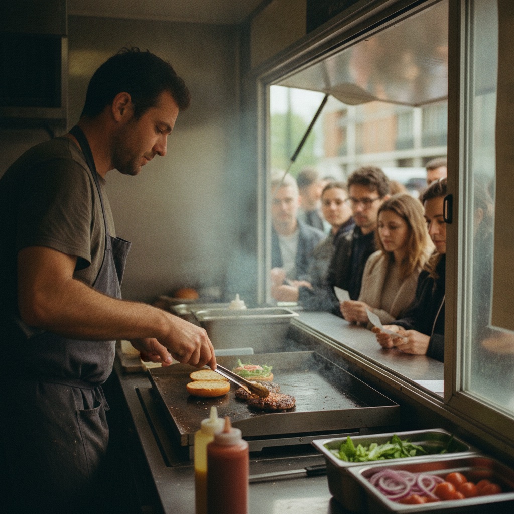 Food trucks au travail : Un cuisinier prépare un burger dans la fenêtre d'un food truck, clients qui attendent en flou