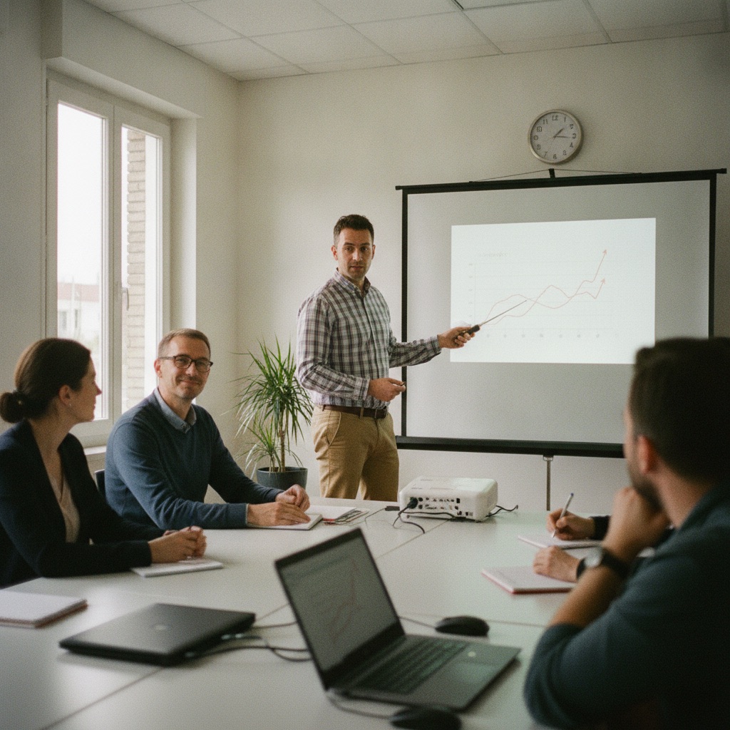 Formateurs indépendants au travail : Un formateur indépendant présente une diapositive à un petit groupe en entreprise